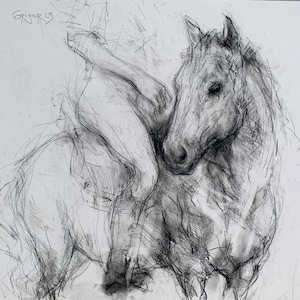 Dibujo Original en Carbón, "Su Caballo Favorito", 13.75" x 18", carbón sobre cartón, por Grigor Malinov