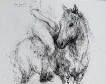 Original Drawing in Charcoal, "Her Favorite Horse", 13.75" x 18", charcoal on cardboard, by Grigor Malinov