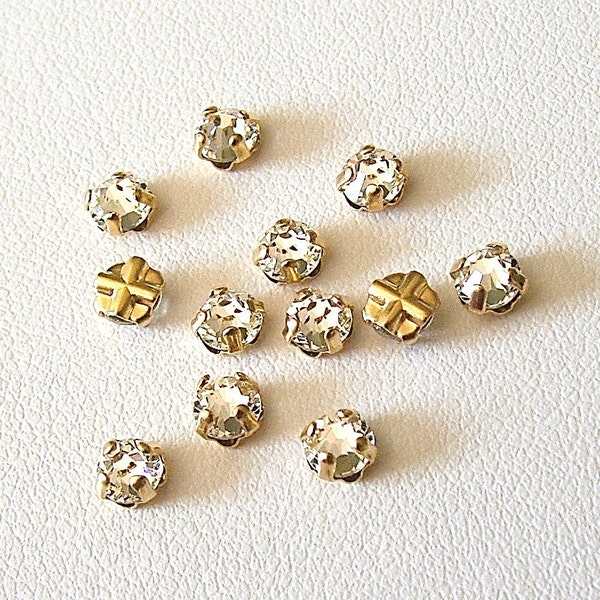 3.9mm Clear Flatback Swarovski Rose Montees, Gold Plated Mounted Rose Montees, Lot of 12 (12 pieces), SS16, Sew On Rhinestones, 2028/2058,