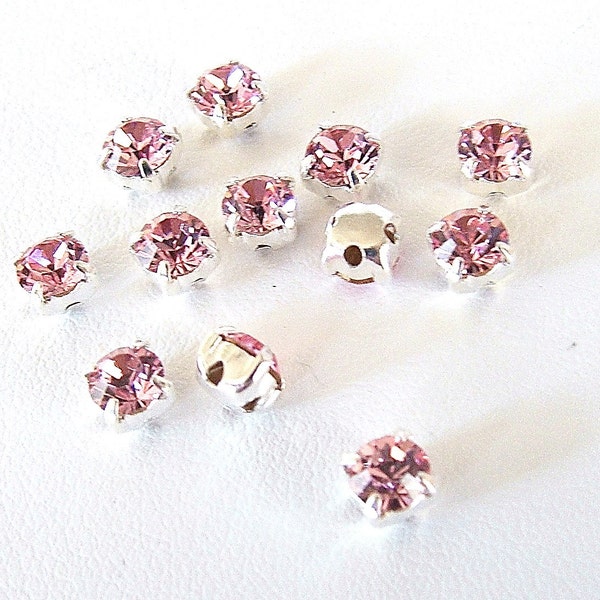 Set of 12 Light Rose 4.6mm Chaton Montees,1028 Sew On Rhinestones, SS19, Silver Plated Settings, Sew On Chatons