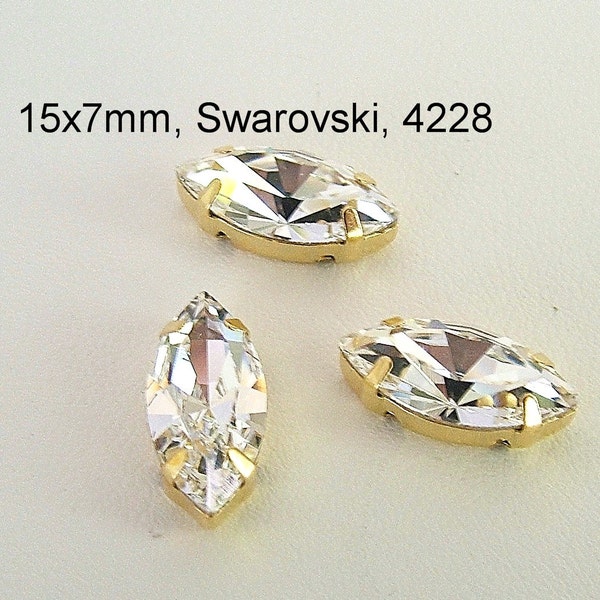 Clear Crystal, 15x7mm Navette Sew On Rhinestones, Set of 3 -  Clear, 4228, 4 hole Gold Settings, Navette Rhinestones