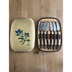 May include: A set of six stainless steel knives with black handles, arranged in a rectangular storage case with a light-colored interior. The case features a removable gold-toned lid decorated with a blue and green floral illustration.