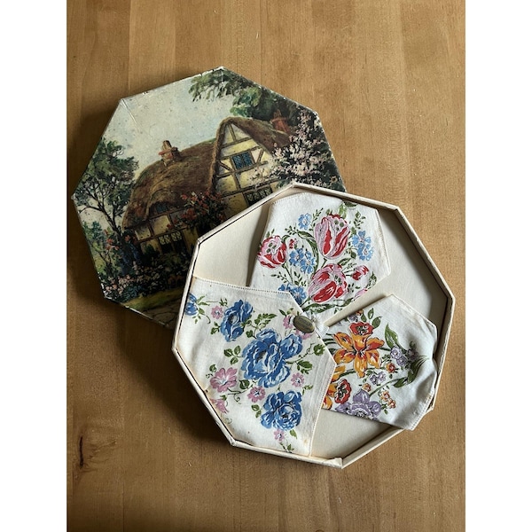 MCM Hand Blocked Floral Handkerchiefs Set of 3 Original Box Hankies NOS