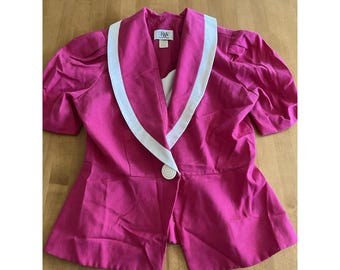 Vintage R&A Collections Pink Peplum Blazer White Trim Puff Sleeve USA Sz 14
