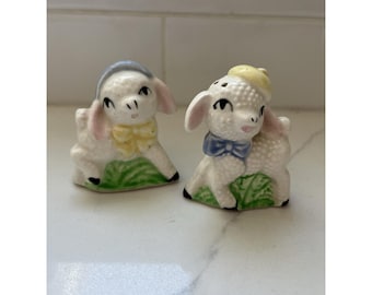 Vintage Lamb Salt Pepper Shakers Yellow Blue Girl Boy Japan Kitschy Cute Decor