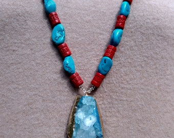 Long Beaded & Chain Necklace,  Titanium Crystal Agate Druzy Quartz Geode stone PENDANT ,Tibetan Cinnabar Beads Column Runes
