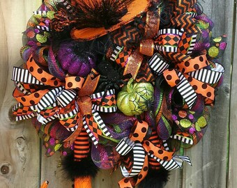 Halloween witch wreath, Halloween wreath, Halloween decor, Halloween mesh wreath,  Halloween witch,  Halloween pumpkin wreath, Halloween hat