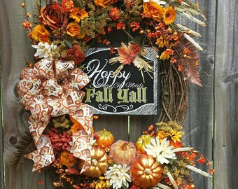 Fall wreath, Thanksgiving wreath, XL Happy Fall Ya'll Pumpkin Wreath, Fall decor, Pumpkin Wreath, Autumn flowers, Fall floral grapevine
