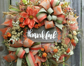 Fall floral wreath, Fall wreath, Thankful sign, Fall font door wreaths, Fall decor, Thanksgiving wreath, Thanksgiving decor, Autumn wreath