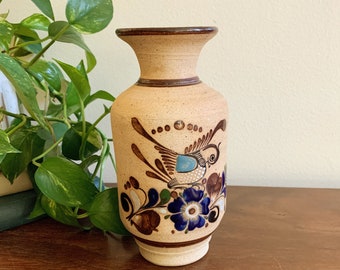 Vintage Large Tonala Mexican Pottery Vase with Bird Painting