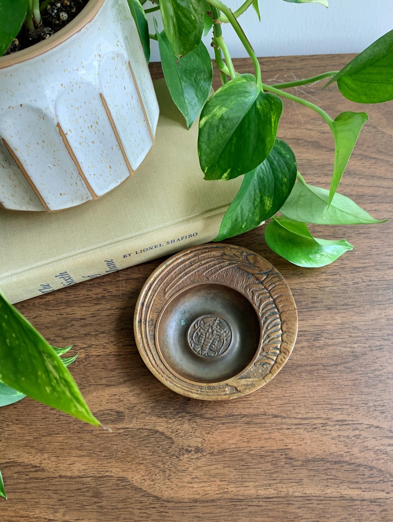 Vintage Korean Brass Ashtray With Unique Embossed Prawn Design Aged Brass Home Decor Small Brass
