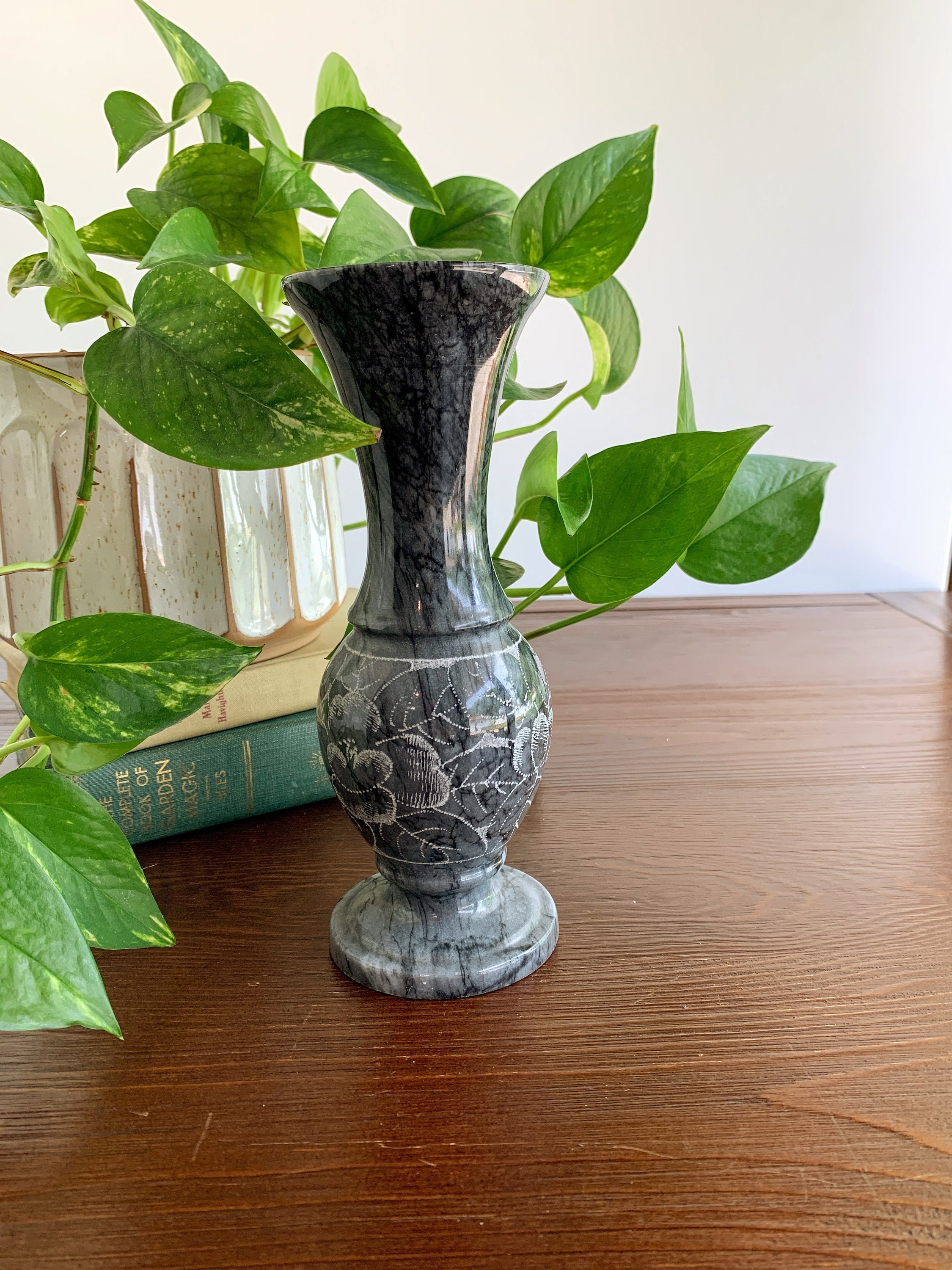 Vintage Black Marble Vase With Etched Flower Design Heavy Etsy