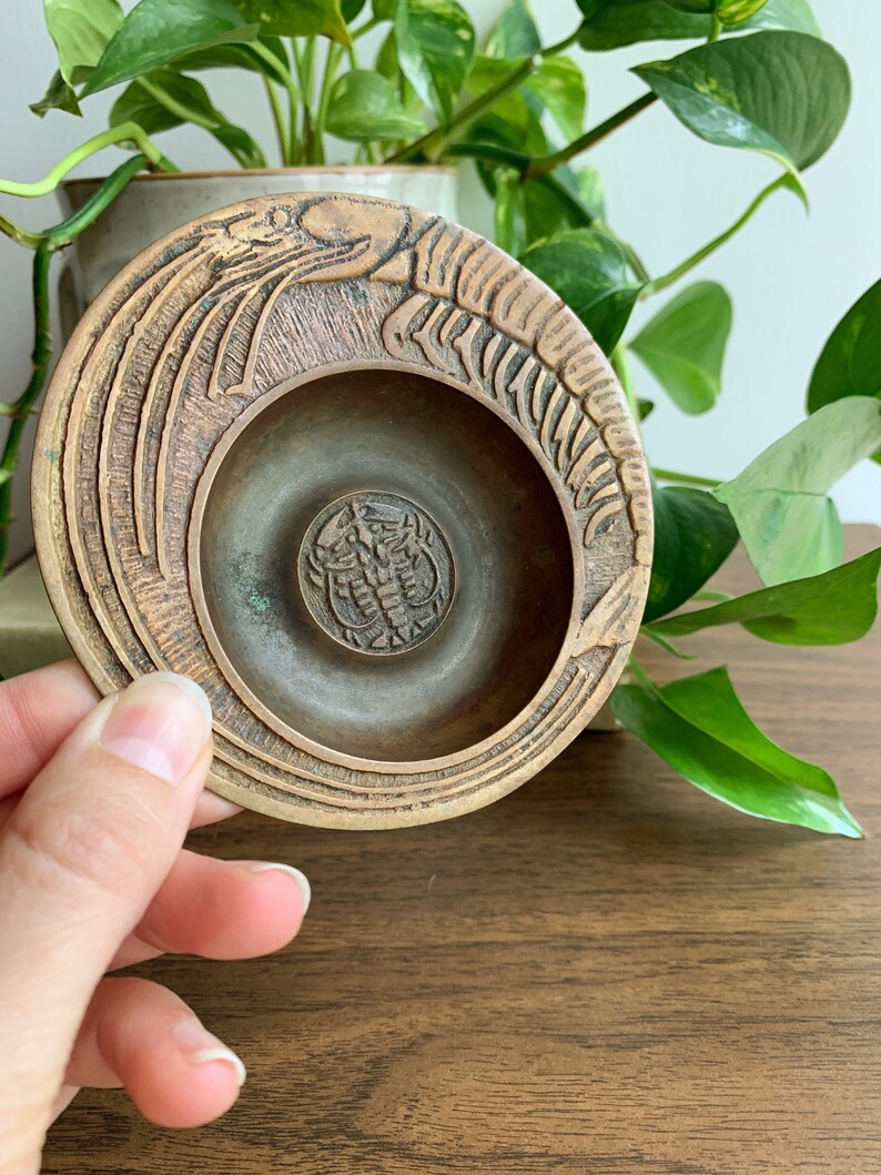 Vintage Korean Brass Ashtray With Unique Embossed Prawn Design Aged Brass Home Decor Small Brass