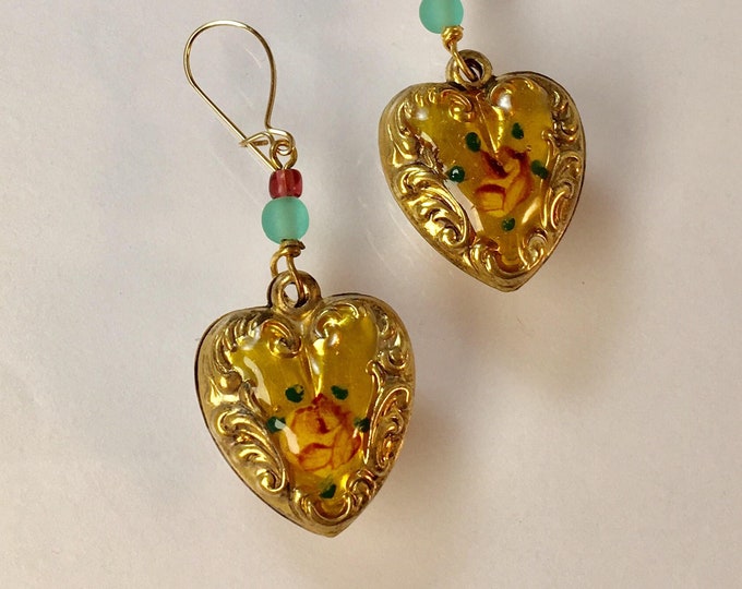 Heart Earrings, CLOSEOUT Vintage Enamel Heart Earrings, Puffy Heart Earrings, Gold Heart Earrings by Lucy Isaacs