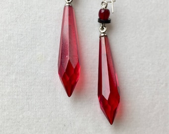Orecchini vintage in vetro ceco rosso: orecchini pendenti in argento sterling