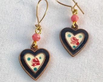 Vintage Black Enamel Heart Earrings, Vintage Hearts,  Enamel Earrings,  Heart Earrings by Lucy Isaacs