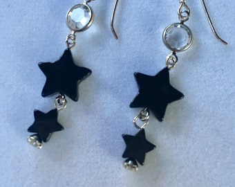 Black Onyx Star Earrings, Sterling Silver, Swarovski Crystals