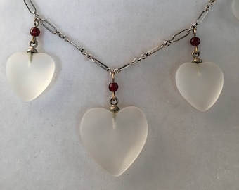 Sterling Frosted Glass and Garnet Heart Necklace