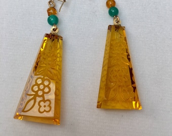 Vintage Intaglio Earrings, vintage Czech Glass Earrings, Amber Earrings, 14K gold or Sterling  Earwires
