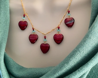 Red Heart Necklace, Vintage Heart Necklace, Czech Glass Heart Necklace, Red Satin Heart Necklace, Lucy Isaacs