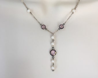 Pearl Necklace, Swarovski Crystal and Pearl Y Necklace, Crystal Necklace, Amethyst Necklace, Lucy Isaacs