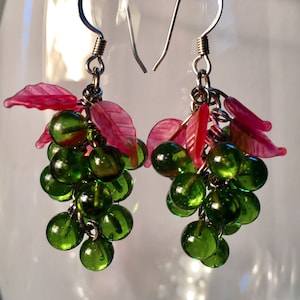 Wine Lover Gift, Antique Olive Green Glass Grape Cluster Earrings, Lucy Isaacs available in Black, Pink, Cobalt Blue, Amethyst or Green