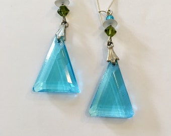 Vintage Czech Glass Aqua Earrings, Sterling or 14K gf, Caribbean Blue Earrings, Blue Triangle Earrings, Pressed Glass Earrings, Lucy Isa