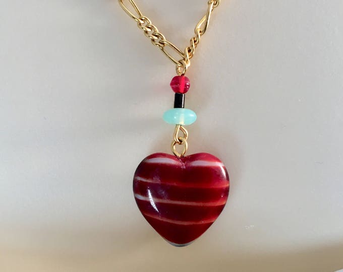 Heart Pendant, Vintage Ruby Red Heart Pendant Necklace, Red Heart Necklace, Red Satin Heart Necklace, Lucy Isaacs