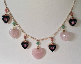 Vintage Rose Quartz Necklace, Black Enamel Heart Necklace, Love Necklace, Lucy Isaacs