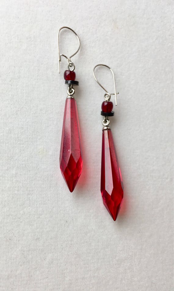Vintage Czech Glass Earrings, Red Earrings, Ruby G