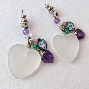 Rock Crystal Earrings, Vintage Frosted Heart Earrings, Enamel and Crystal Heart Earrings by Lucy Isaacs