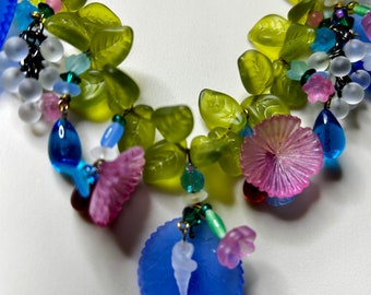 Antique Czech Glass Necklace, Cobalt Blue Necklace, Japan and Czech beads, Pressed Glass Necklace, Lamp Work Necklace,Glass Flower Necklace,