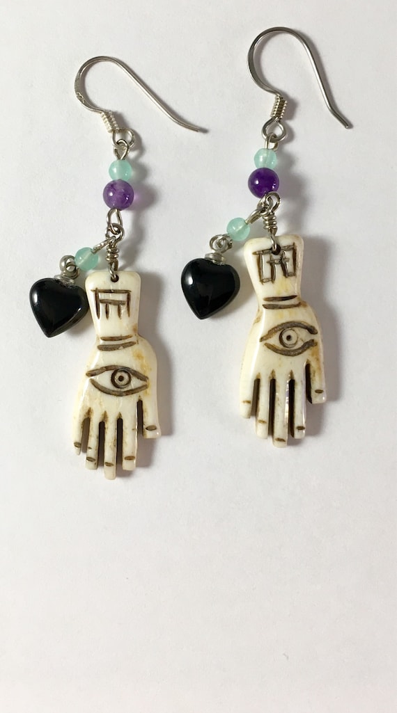 Hand of Hamsa, Palmistry Earrings Carved Cow Bone 