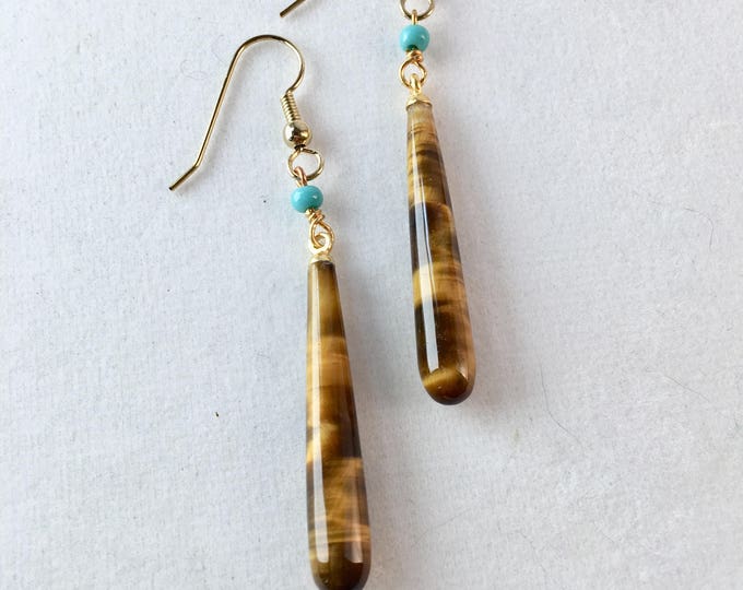 Tiger Eye Earrings, Tiger Eye Drop Earrings, Your Choice of Finish, Tiger Eye and Gold, Tiger Eye and Silver, Tiger Eye and Turquoise