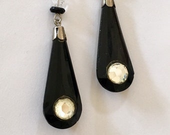 Vintage Czech Glass Earrings, .925 Sterling Ear Wires, Art Deco Earrings, Jet Earrings, Rhinestone Earrings, Black Earrings,  Lucy Isaacs