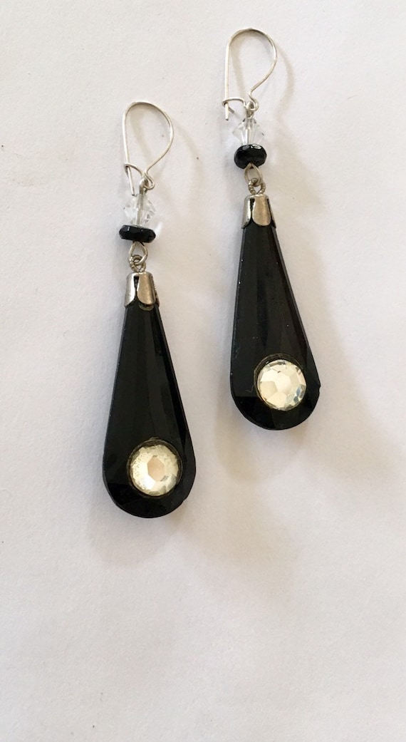 minimalist glass teardrop stainless steel lever back ear wires Victorian style Teal earrings antique style dark silver