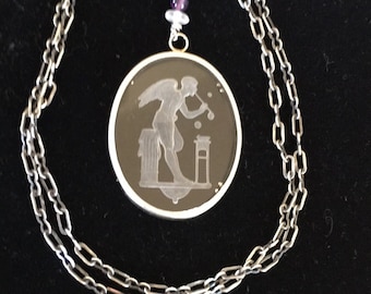 Antique Intaglio Pendant, West German Etched Glass Pendant, Angel Necklace, Angel Blowing Bubbles Sterling Chain