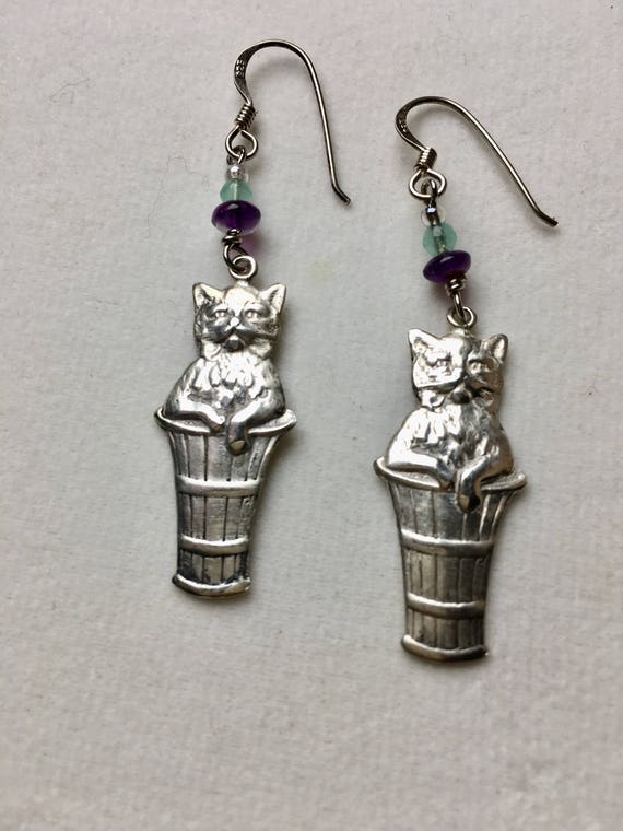 SALE!  Solid Sterling Silver Cat Earrings, Cat Ea… - image 1