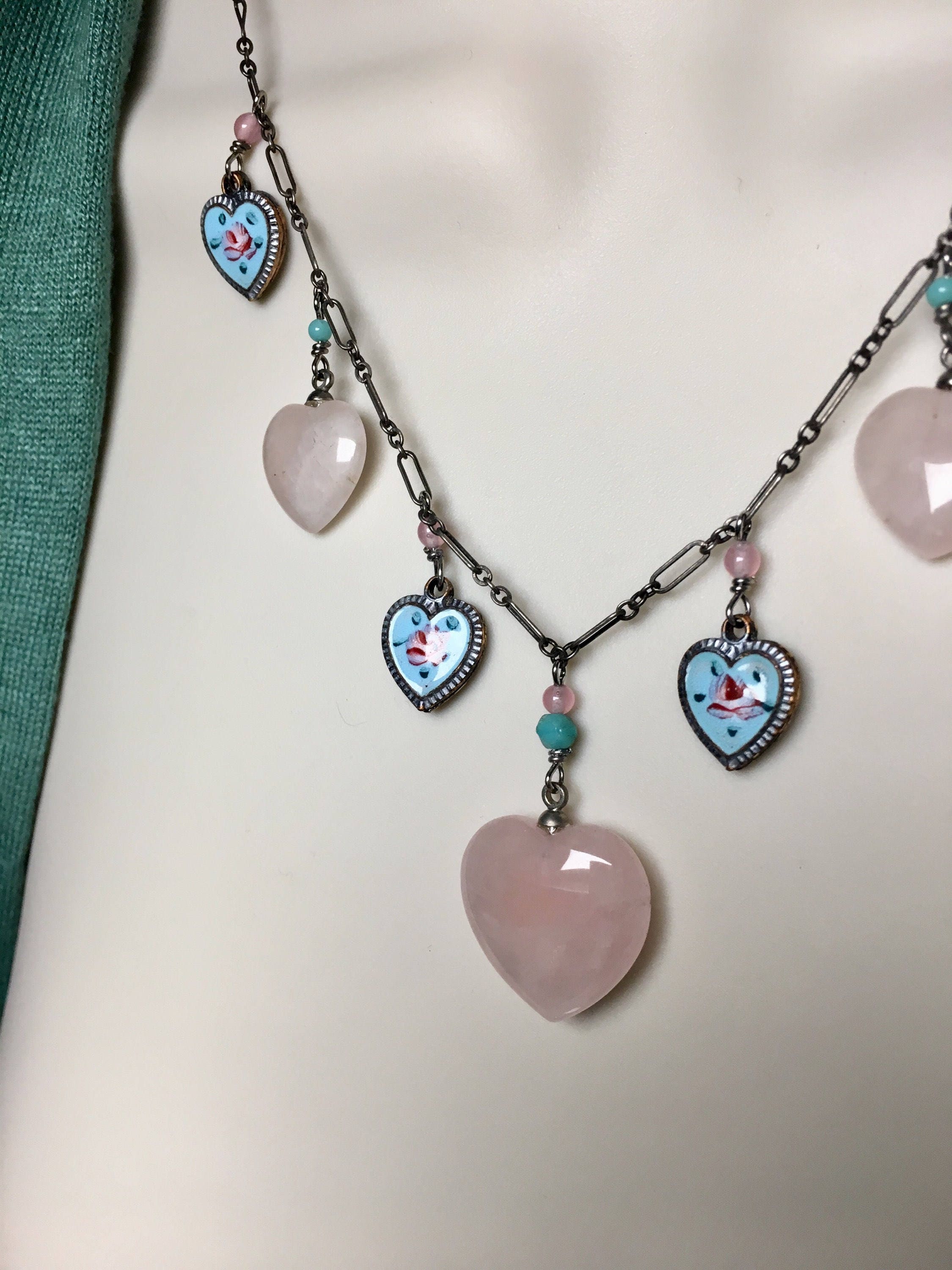 Quartz Necklace, Heart Necklace, Rose Quartz Necklace, Enamel Necklace