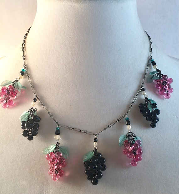 GLASS BEAD NECKLACE W/PEARLS GRAPE GLASS BEAD NECKLACE W/PEARLS GRAPE