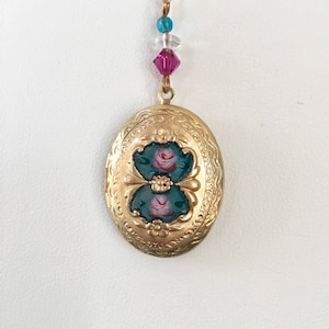 SALE! Vintage Enamel Locket, Gold and Enamel Locket, Teal Blue Enamel Locket, Vintage Oval Locket, Guilloche Locket, Lucy Isaacs