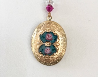 Vintage Enamel Locket: Gold Plated Guilloche Oval Pendant, Lucy Isaacs