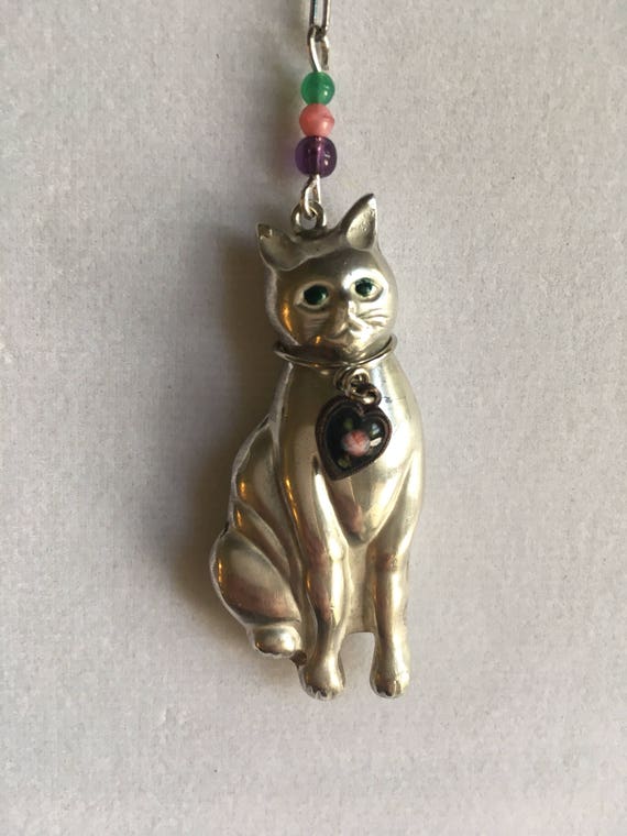 Silver Cat Necklace, Vintage 3D Sterling Cat Penda