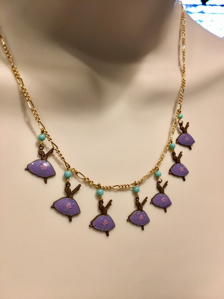 Enamel Necklace, Vintage Enamel Ballerina Necklace, Purple Necklace