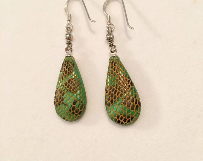 CLOSEOUT Czech Glass Earrings, Green Glass Earrings, Czech Bead Snake Earrings, Snake Skin Earrings by Lucy Isaacs