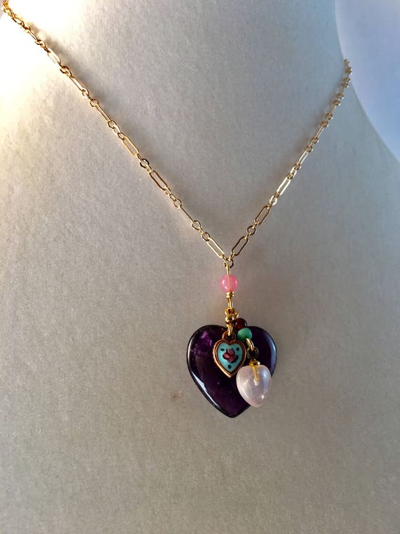 Amethyst Heart Necklace, Purple Heart, Vintage Am… - image 2