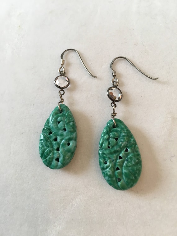 Vintage Pressed Glass Earrings, Green glass Earrin