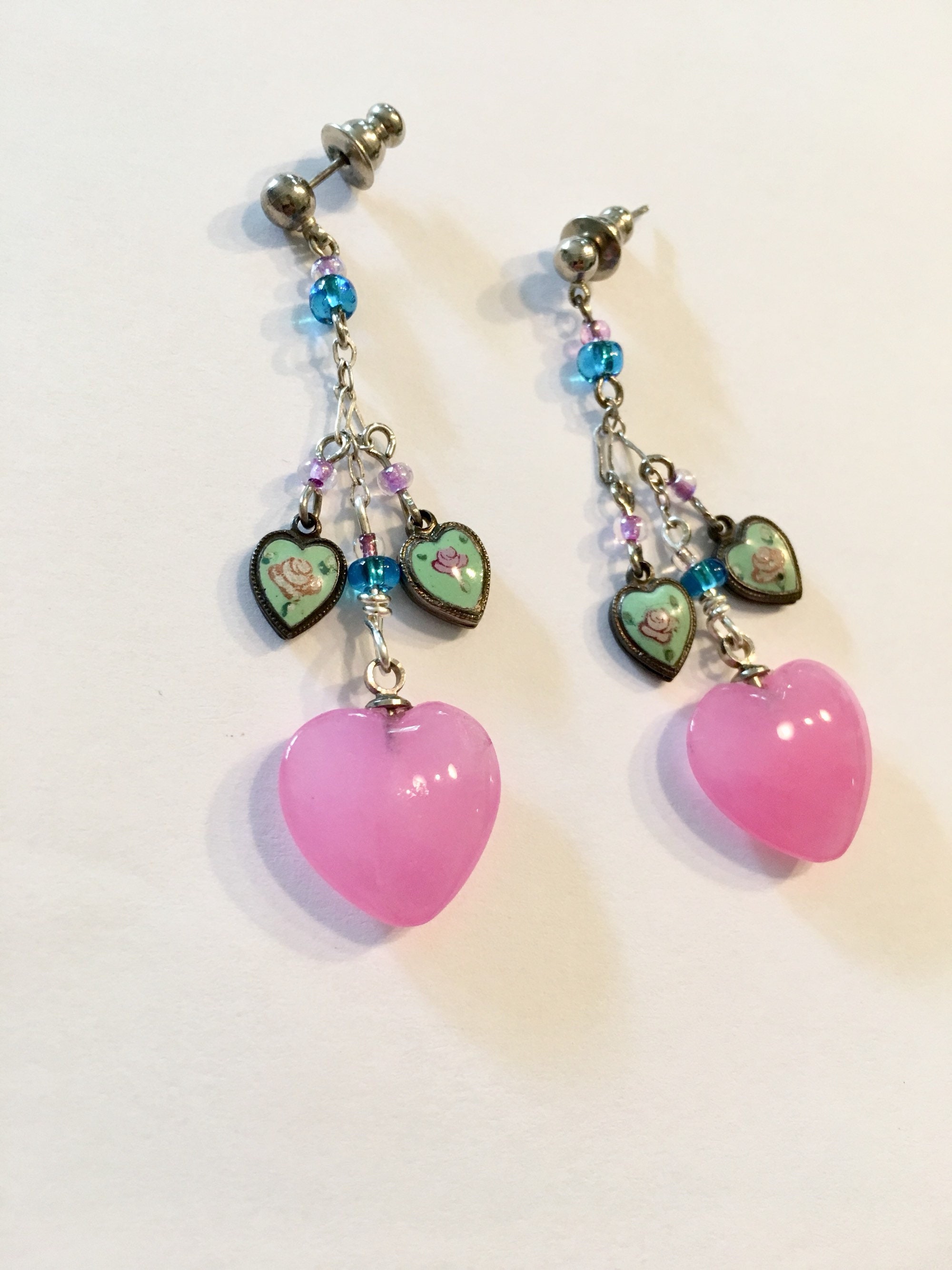 Pink Heart Earrings, Glass and Enamel Heart Earrings, Raspberry and
