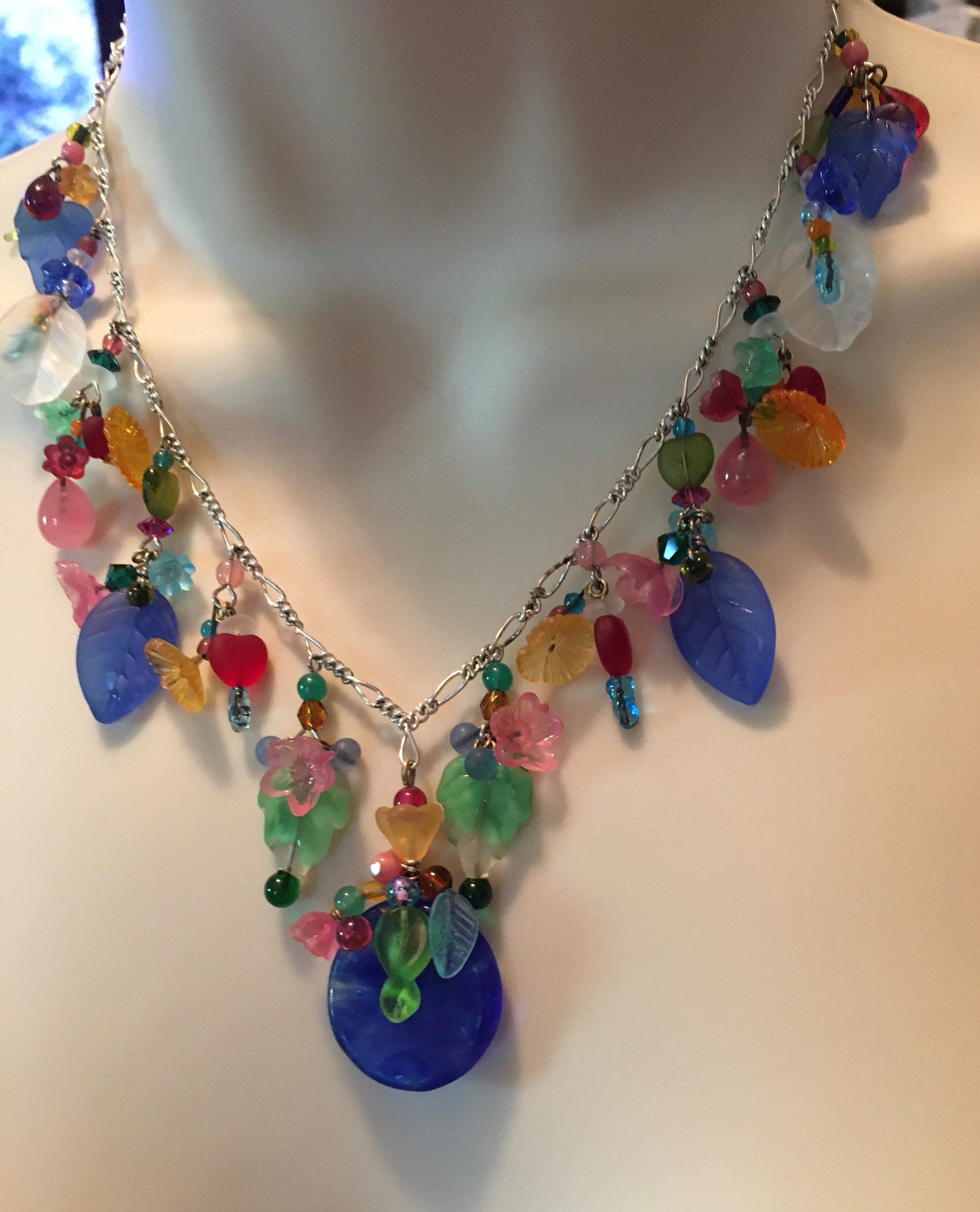 Antique Czech Glass Blue Lily Pad Necklace by Lucy Isaacs