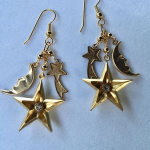 Vintage Gold Star Earrings, Star Earrings, Moon Phase Earrings, Moon Face Earrings, Comet Earrings, Celestial Earrings Lucy Isaacs